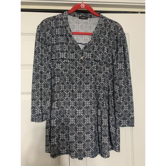 Cocomo size XL Black White Boho Design Stretch Rolled Tab Popover Top Office - Picture 1 of 4